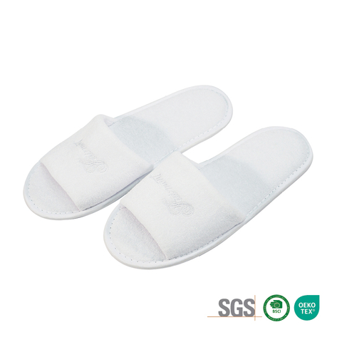 Custom Embroidered White Terry Open‑Toe Spa Hotel Slippers Supplier