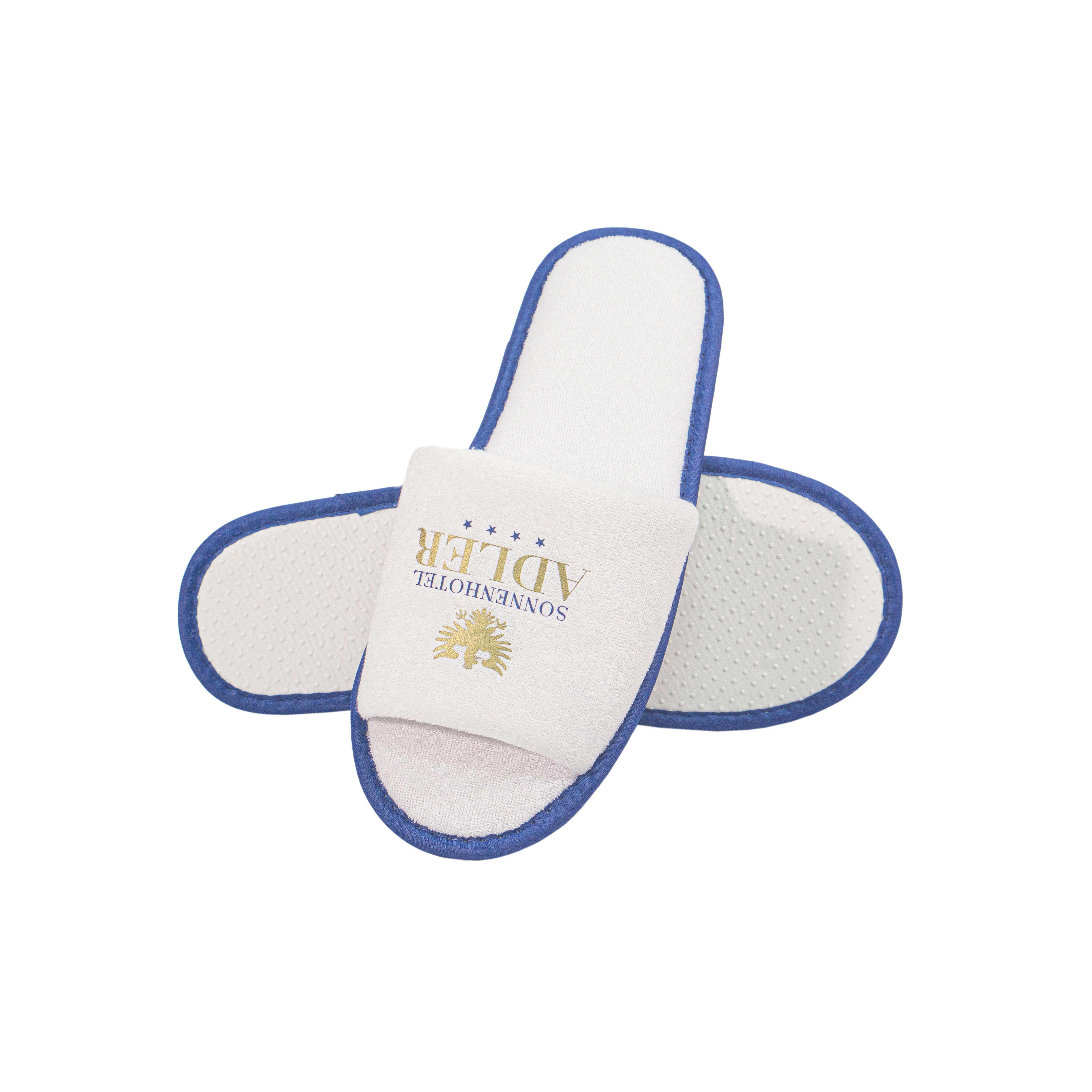 Custom Terry Hotel Spa Slippers with Printed Logo Blue Trimming