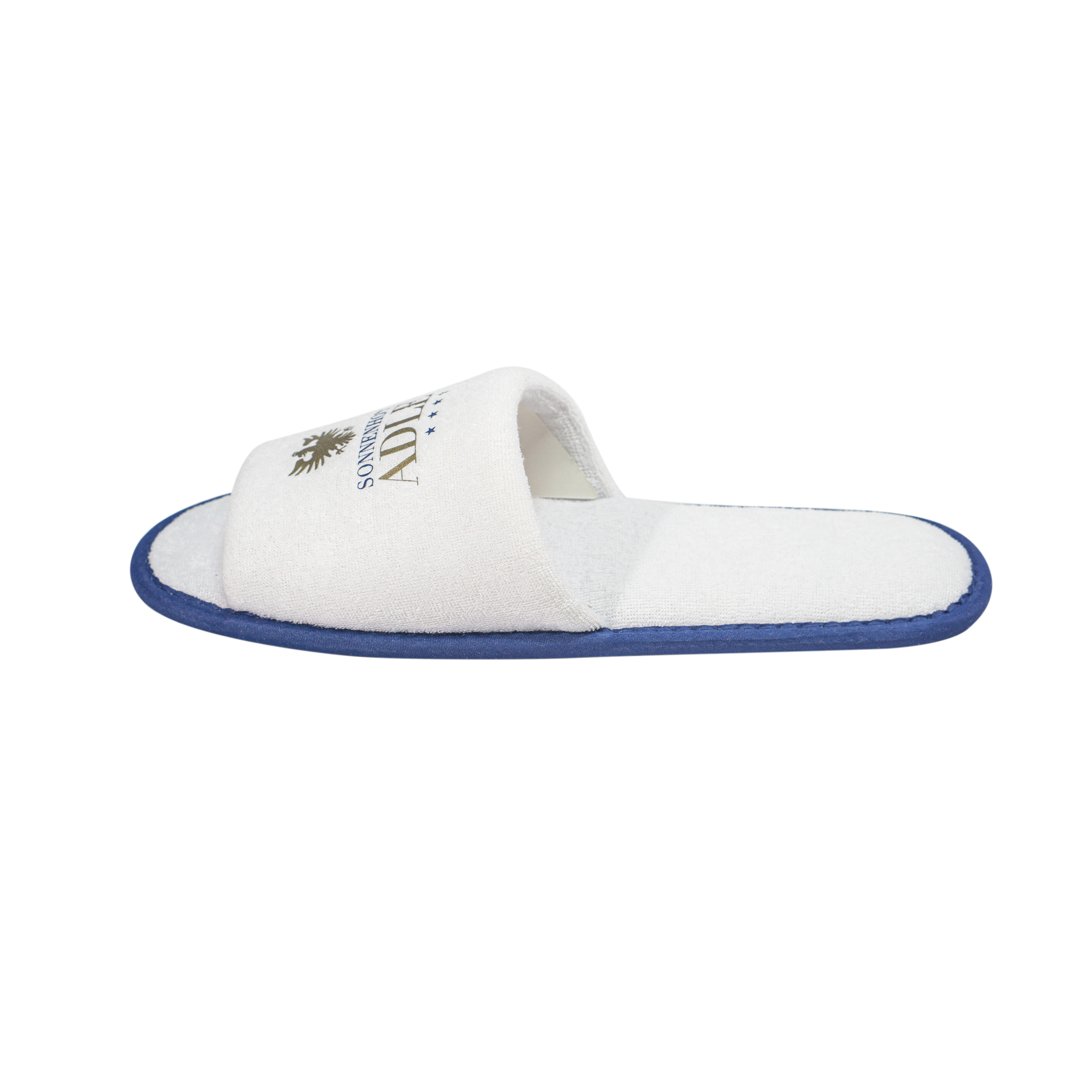 Custom Terry Hotel Spa Slippers with Printed Logo Blue Trimming