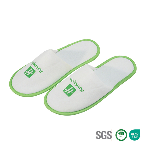 Custom Logo Brushed Polyester Green Trim Hotel Slippers Wholesale OEM Supplier
