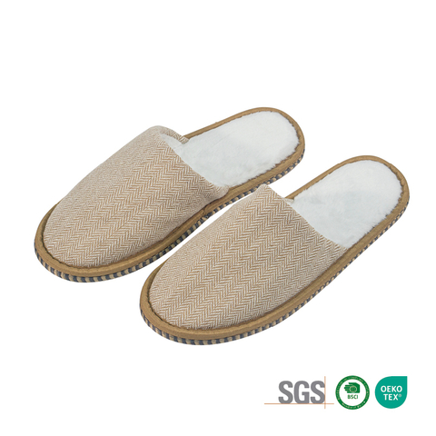 OEM Custom Herringbone Woven Hotel Slippers with Non‑Slip Sole