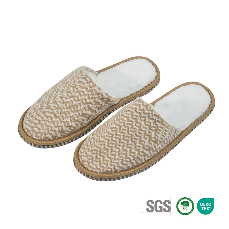 OEM Custom Herringbone Woven Hotel Slippers with Non‑Slip Sole