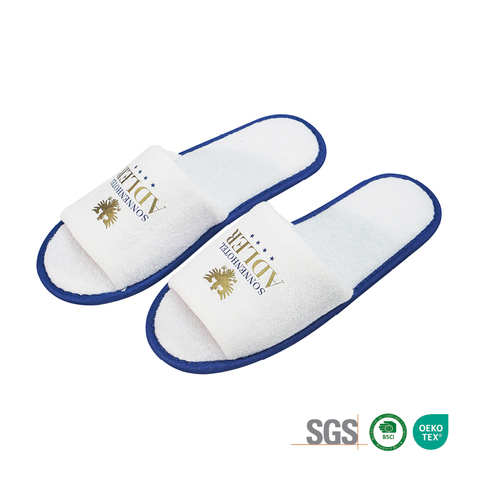 Custom Terry Hotel Spa Slippers with Printed Logo Blue Trimming