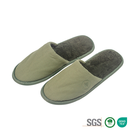Wholesale OEM Custom Green Canvas Eco Friendly Hotel Slippers with Cork Sole
